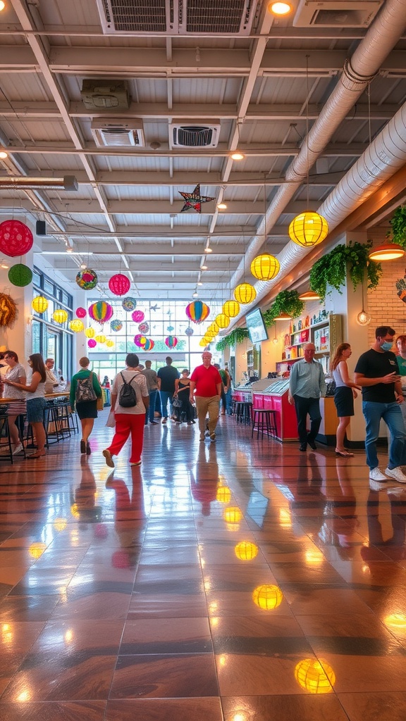 A vibrant market area with people shopping and decorative lanterns hanging from the ceiling.