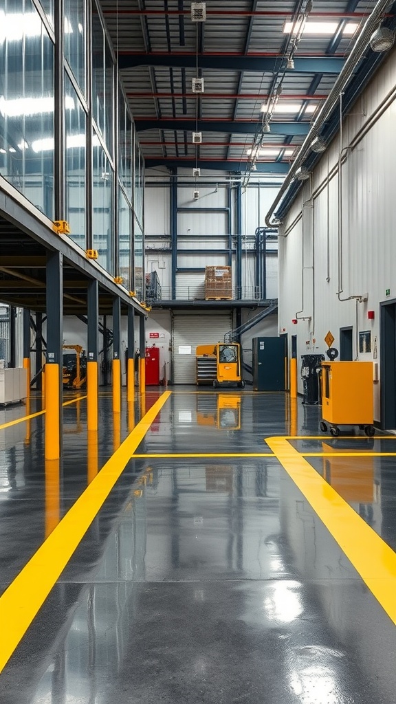 A modern warehouse interior showcasing glossy epoxy flooring with bright yellow safety lines.