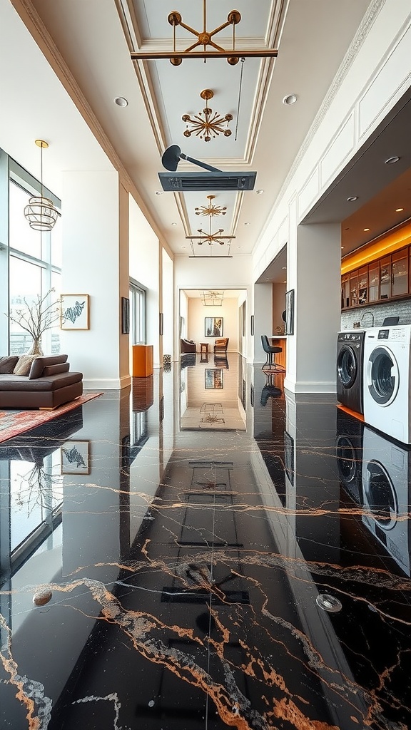 A luxurious indoor space featuring black marble epoxy flooring with a reflective finish, showcasing a modern laundry area and elegant decor.