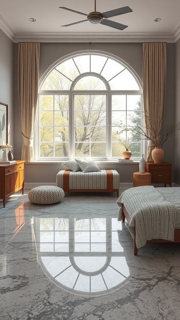 A stylish bedroom featuring epoxy concrete flooring, showcasing a cozy atmosphere with modern furniture.