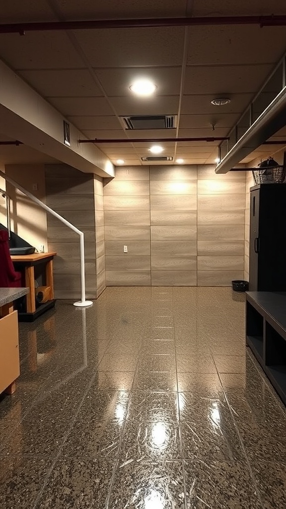 A clean workspace with a ladder and a list of common mistakes related to epoxy flooring.