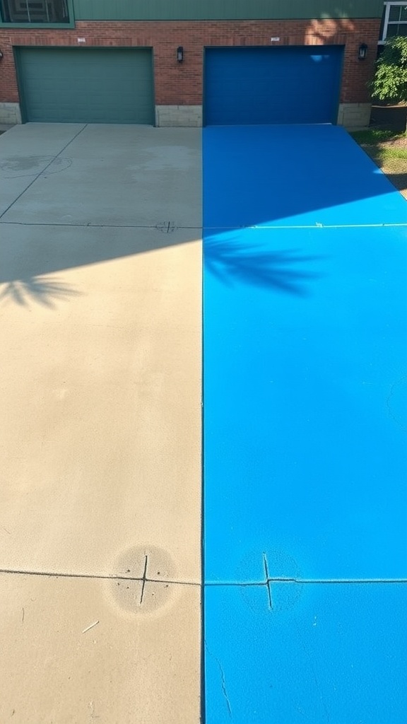 A split view of concrete stained in beige and vibrant azure blue.