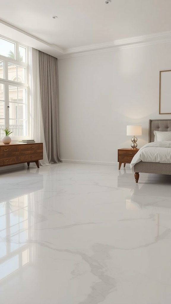 A bright bedroom with white epoxy flooring that resembles marble, light curtains, and simple wooden furniture.