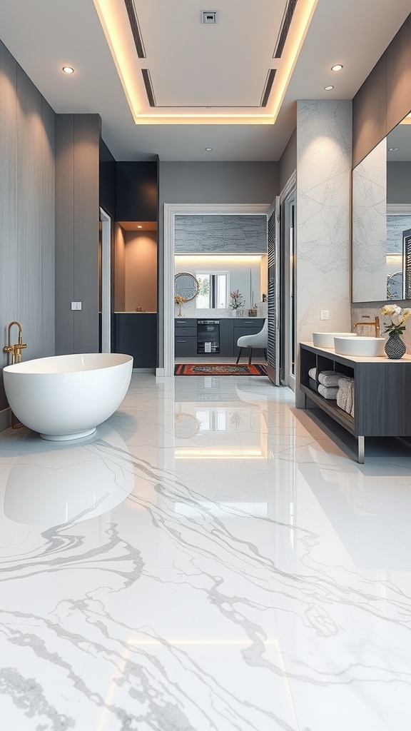 A modern bathroom featuring high-gloss epoxy flooring with a marble design, highlighting elegance and style.