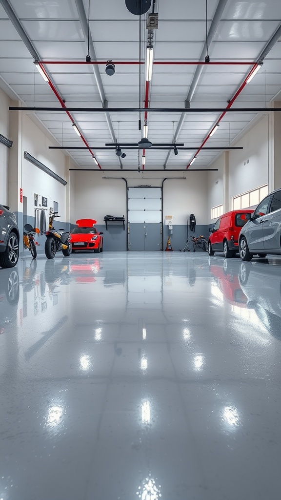 An image showcasing a man presenting in a spacious garage with epoxy flooring, highlighting common myths about epoxy floors.