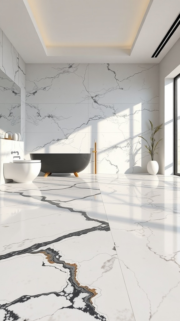 A modern bathroom with heated marble floors and elegant decor
