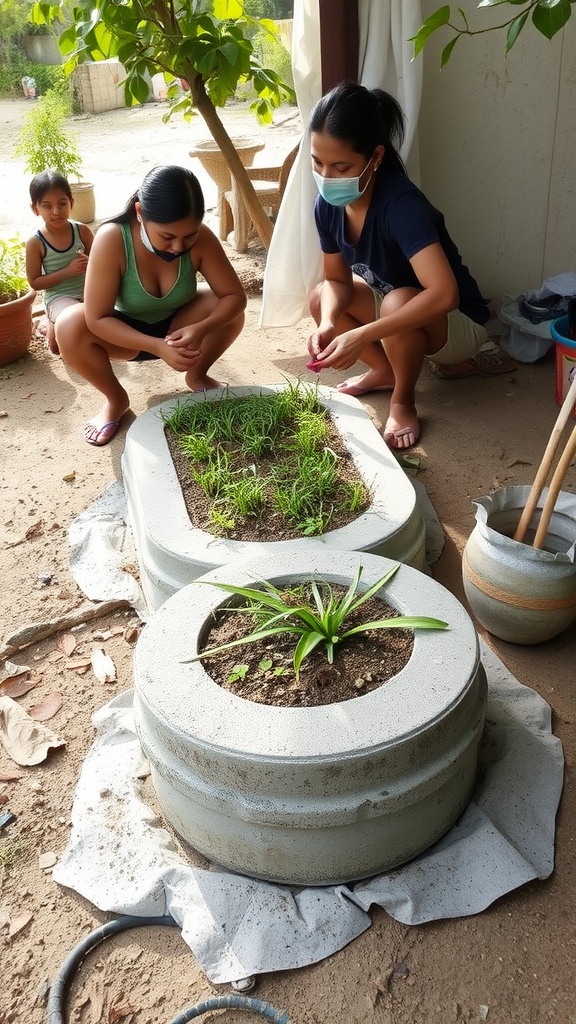 A group of people gathered outdoors discussing eco-friendly initiatives, with a tree and a wall displaying the word 'salution'.
