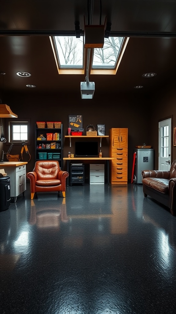 A well-organized garage with dark epoxy flooring, showcasing compact storage solutions and natural light from skylights.