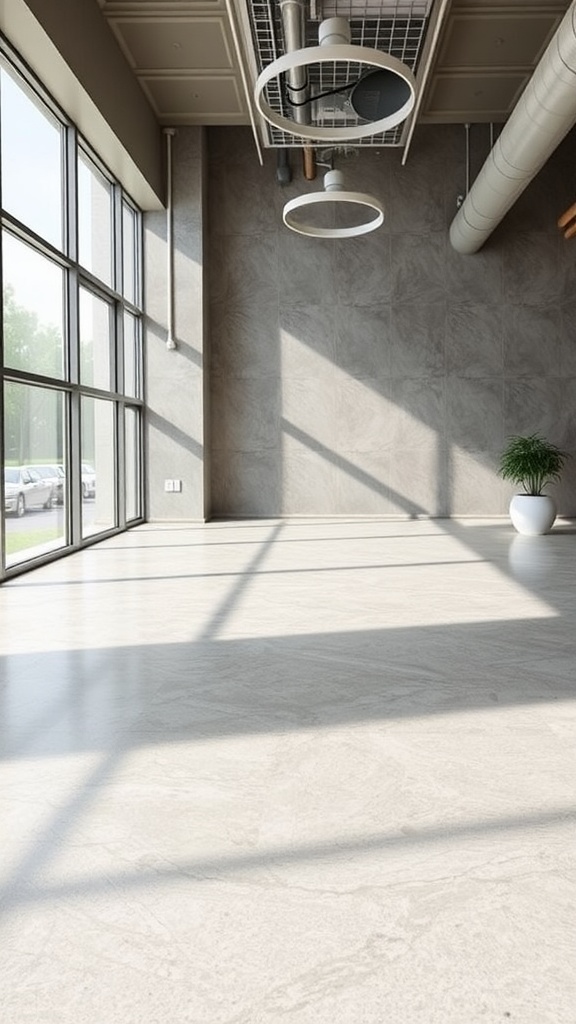 An interior space showcasing eco-friendly concrete flooring, with modern design elements.