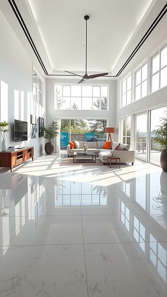 A comparison of wood flooring on the left and epoxy flooring on the right in a well-lit room.