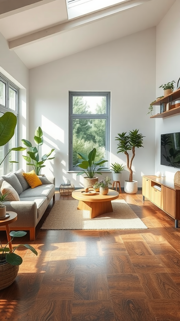 A modern living room featuring warm wooden flooring, a fireplace, and comfortable seating.