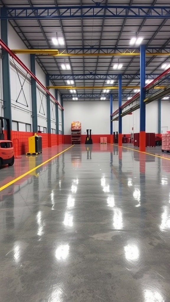 A wide view of an industrial warehouse with different flooring materials showing a stark contrast.