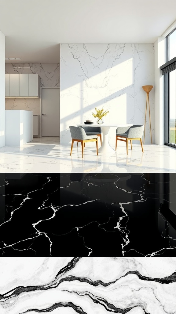 A modern interior featuring heated marble floors with a black marble design and white walls.