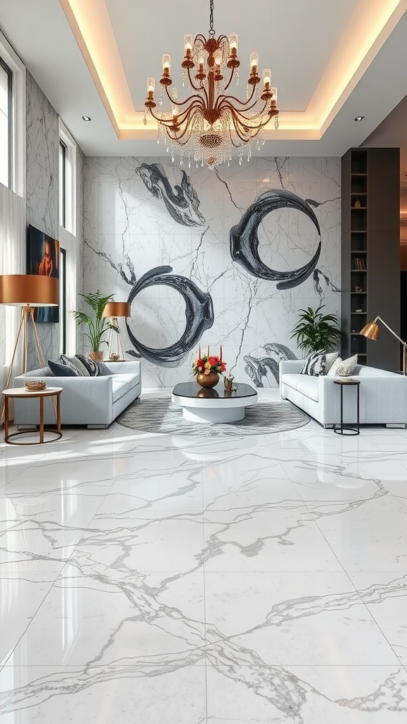 A comparison of marble metallic epoxy flooring featuring a black floor with white designs on the left and a classic marble pattern on the right.