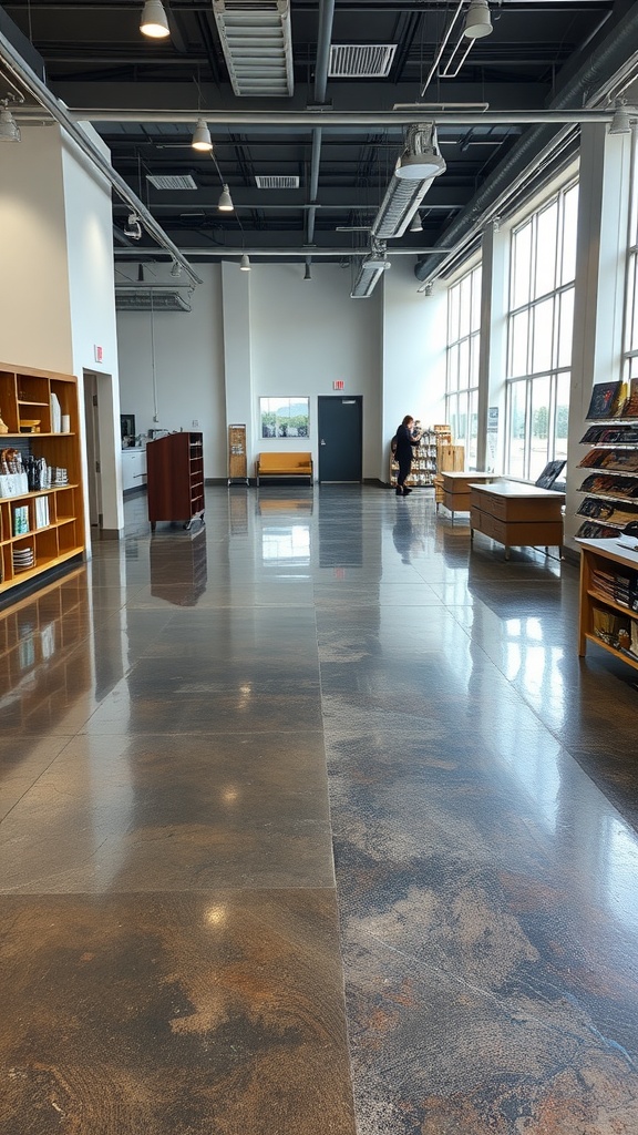 A spacious interior with a shiny metallic epoxy floor reflecting light, surrounded by bookshelves and large windows.