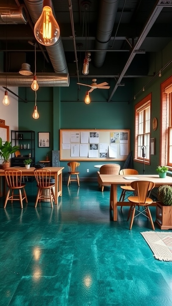 A split view showing metallic epoxy flooring on the left and traditional flooring on the right.