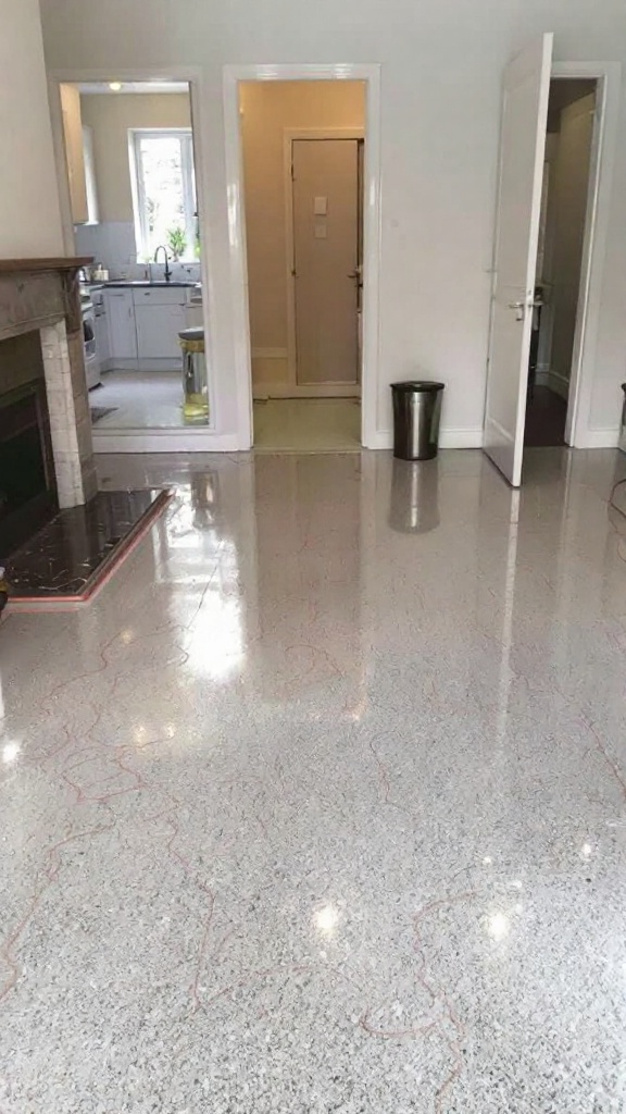 Interior view showing a room with polished stone flooring, suitable for underfloor heating.
