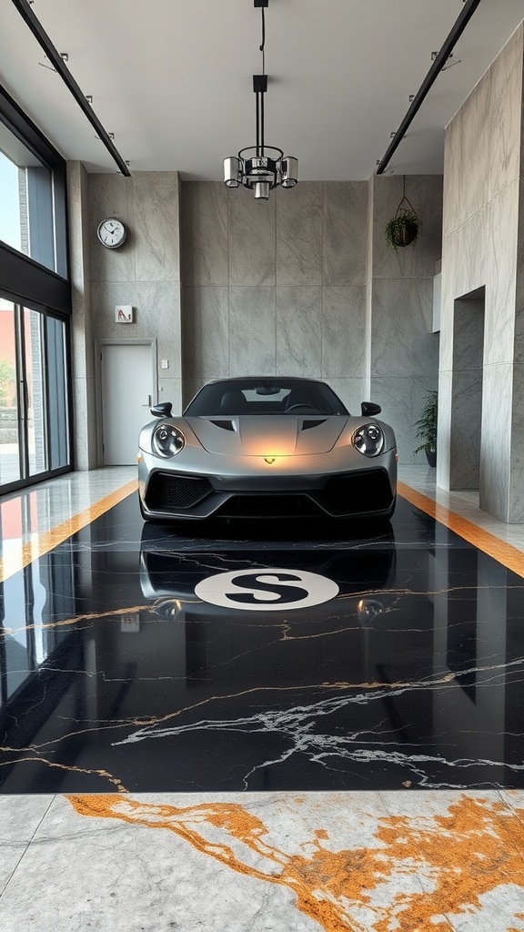 A sleek, modern interior featuring a concrete-look epoxy floor with a luxury design and a stylish car.