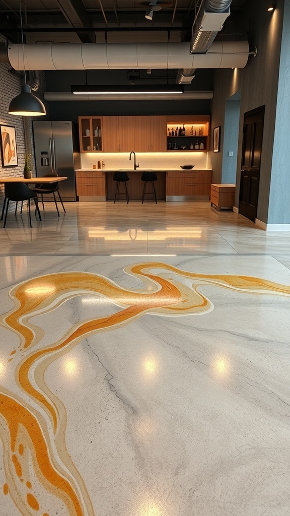 A modern space with a concrete-look epoxy floor featuring gray tones and orange swirls.