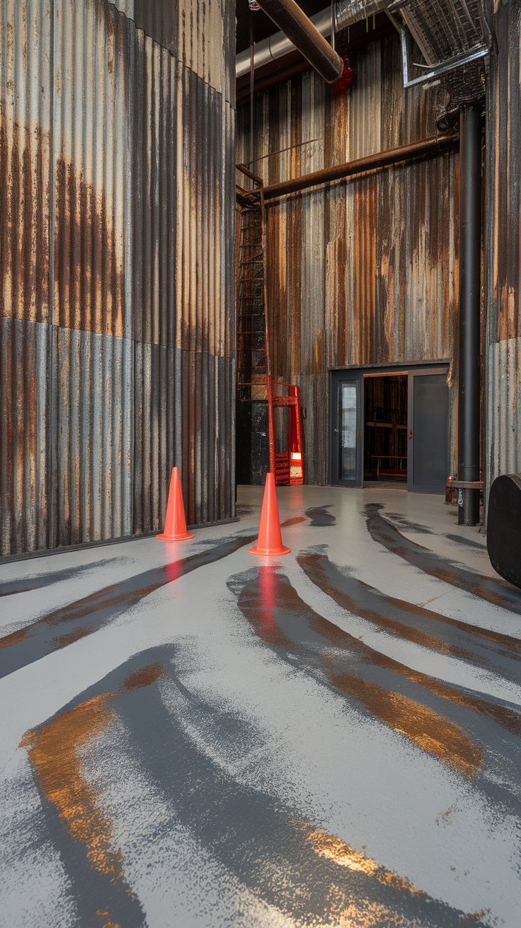 A metallic epoxy floor with gray and gold swirls in a space with industrial walls and orange cones.