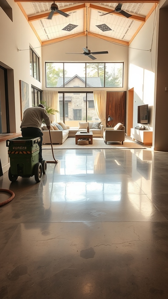 A person cleaning a polished concrete floor in a modern living room with large windows