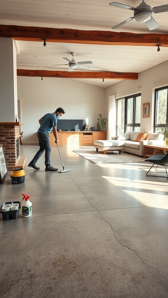 A person cleaning polished cement floors in a modern living room with large windows and natural light.