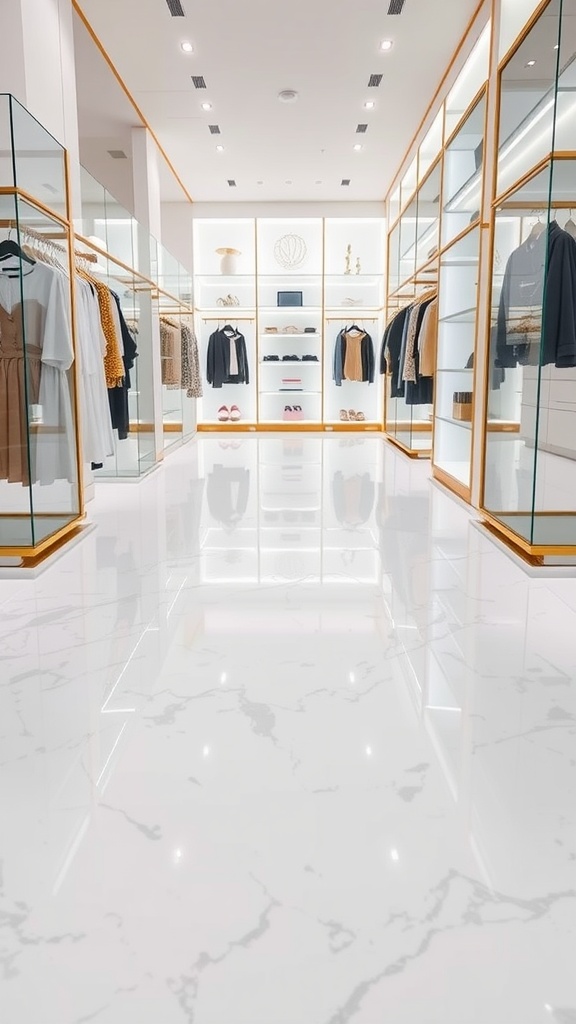 A modern commercial space featuring concrete flooring, large windows, and display cases.