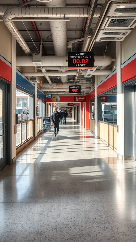 A well-lit corridor with concrete flooring and people walking through.