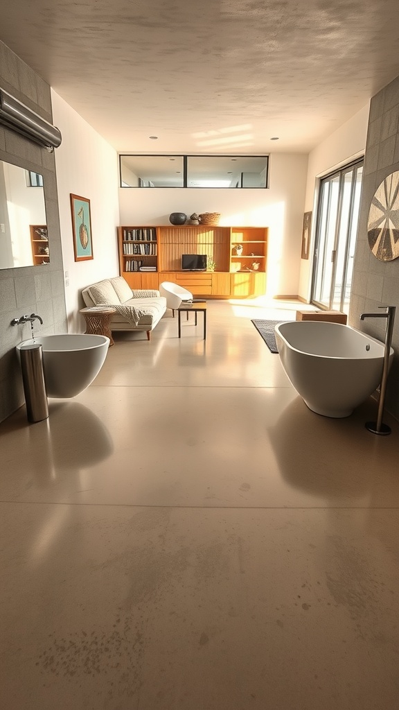 Modern bathroom with polished light cement floor, two bathtubs, and wooden shelving