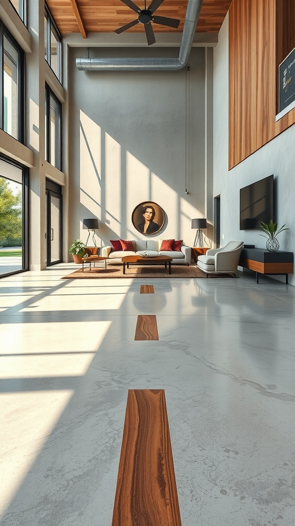 A modern living room featuring polished concrete flooring with wooden inlays.