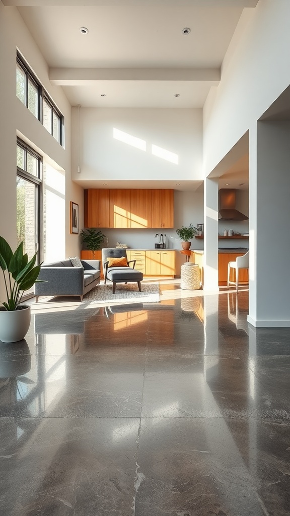 Modern living space with sleek epoxy concrete flooring and natural light.