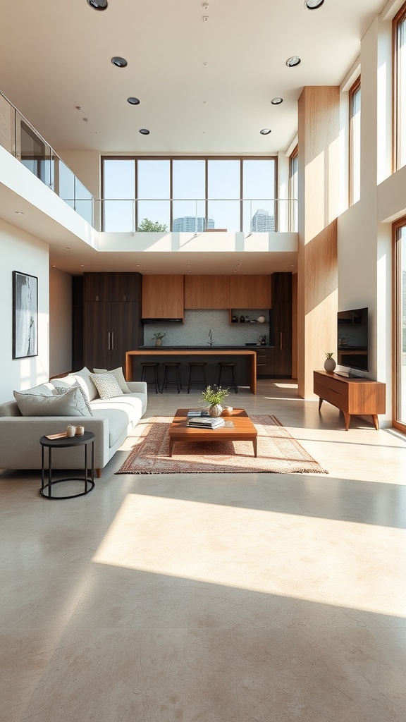 Stylish modern living room with polished concrete floors, large windows, and wooden accents.