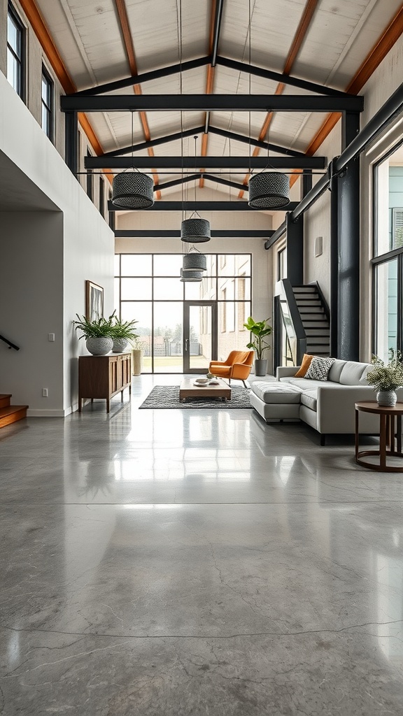 A spacious industrial living area featuring polished concrete floors, large windows, and modern design elements.