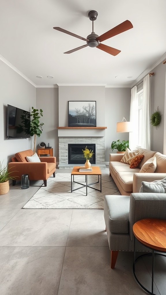 A cozy living room featuring light gray concrete flooring, a fireplace, and modern furniture.