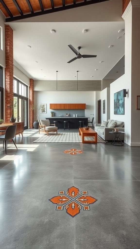 Spacious living area with polished concrete floors featuring vibrant artistic inlays.
