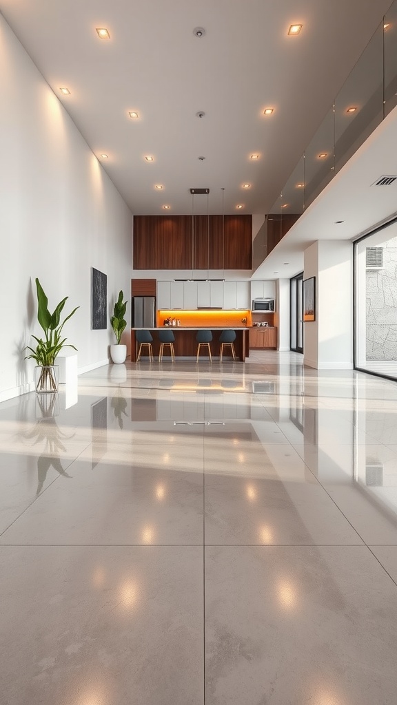 Modern living space with polished concrete floors and built-in lighting