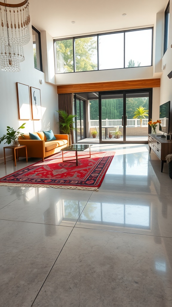 A modern living room featuring polished concrete flooring and a colorful area rug.