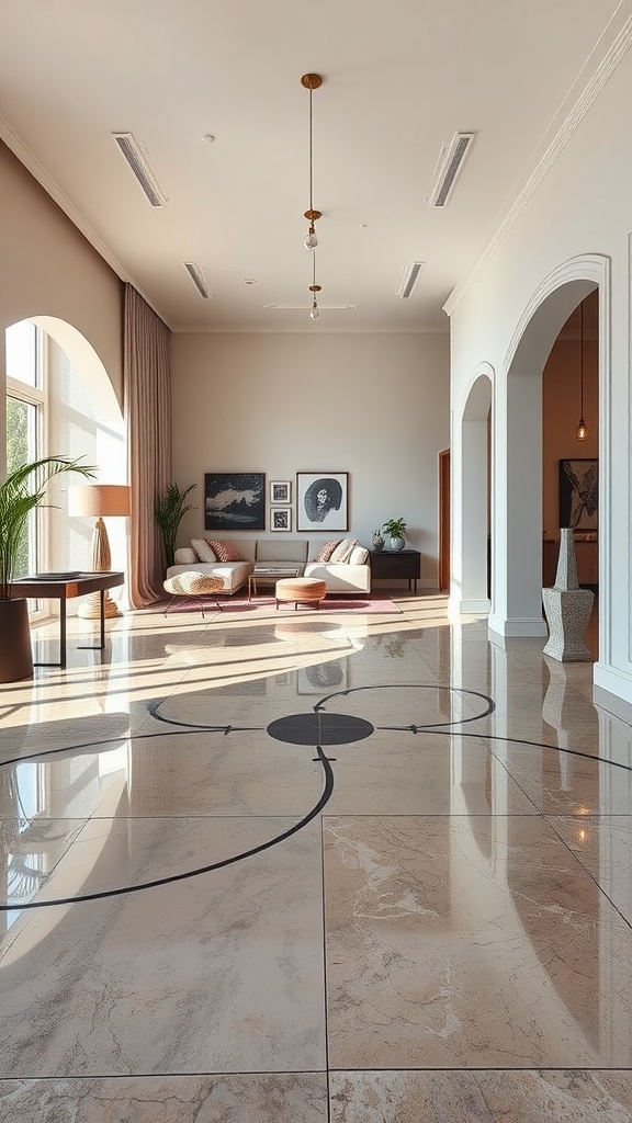 A modern living room with polished concrete floors featuring an inlaid black design