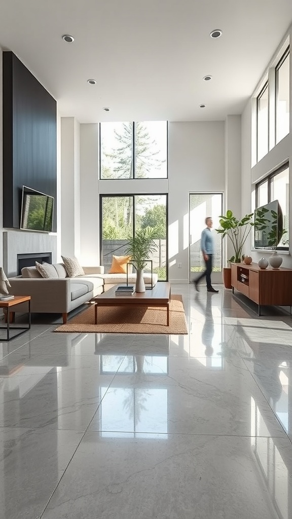 A modern living room with polished epoxy concrete floors and radiant heating