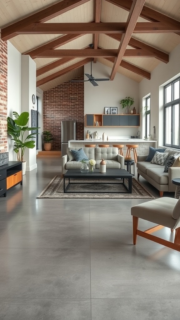 Modern living room with polished concrete floors and radiant heating