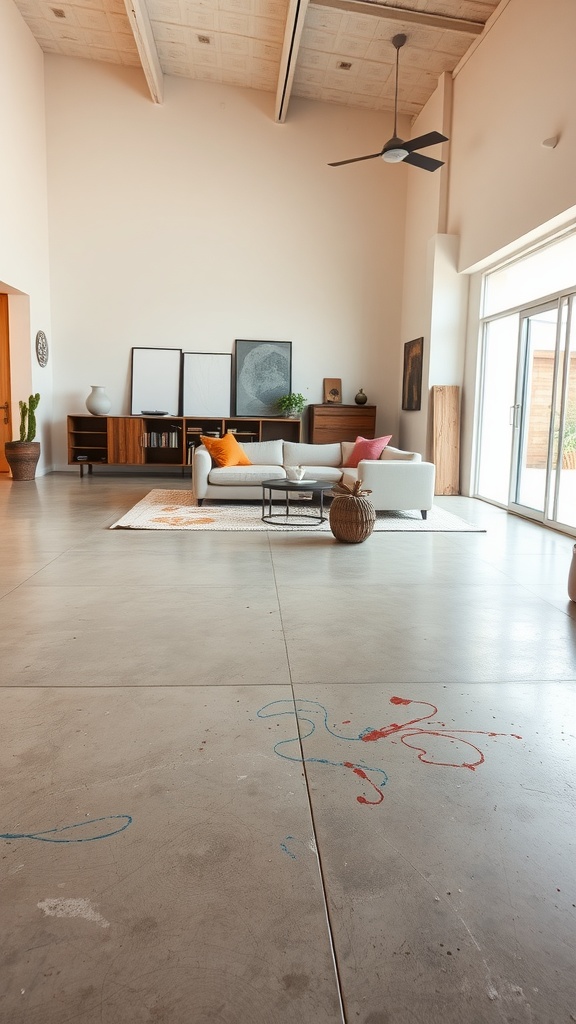 A stylish living room with polished concrete flooring and contemporary furniture.