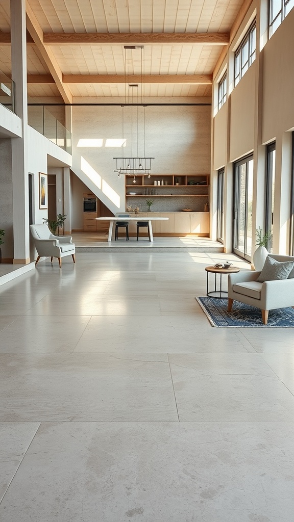 Modern home interior with polished light cement flooring and natural wood accents