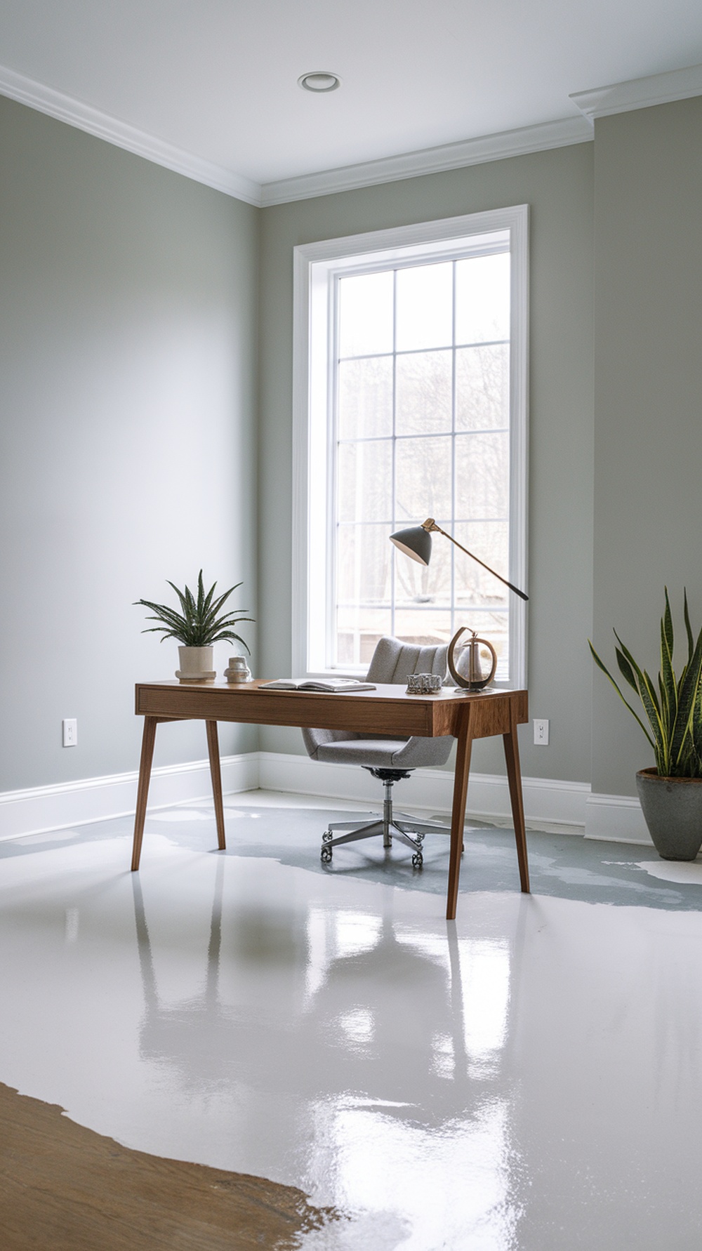 A modern workspace with a white epoxy floor and a wooden desk, showcasing a sleek and bright interior design.
