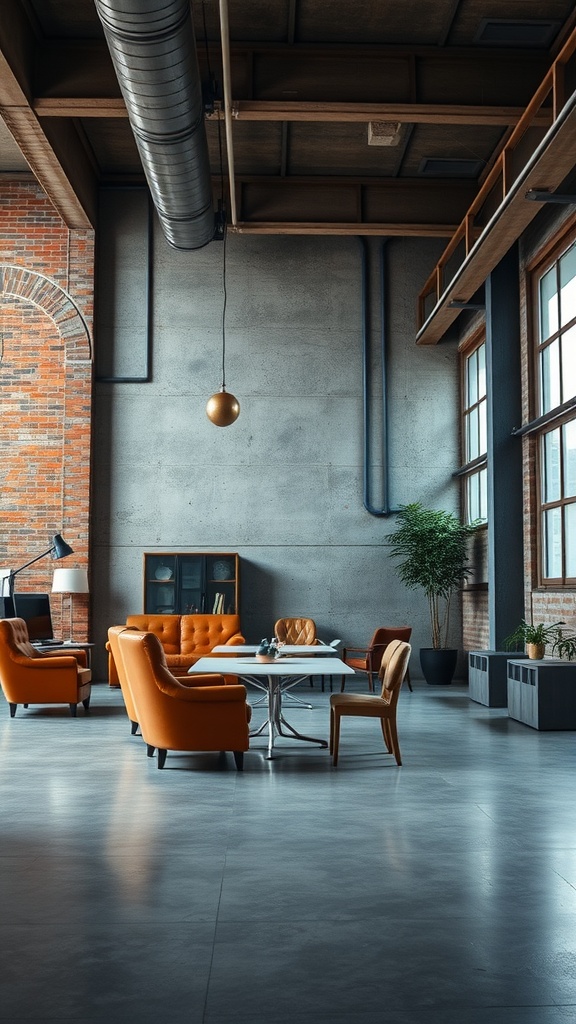 A stylish interior with concrete look epoxy flooring and modern furniture.