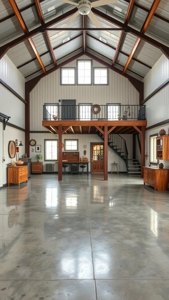 Interior of a modern barn with living quarters featuring polished epoxy floors and wooden beams