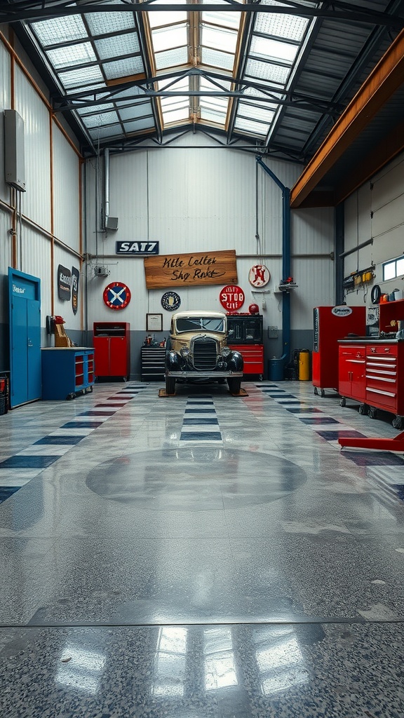 Workshop interior featuring a polished epoxy floor with a vintage car and tool storage.