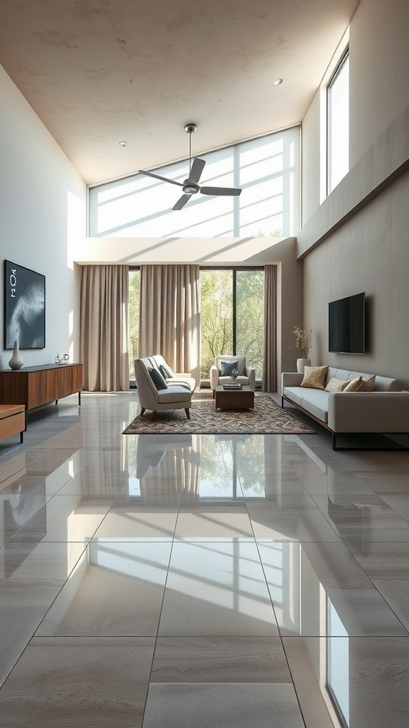 A modern living room with glossy concrete flooring and large windows.
