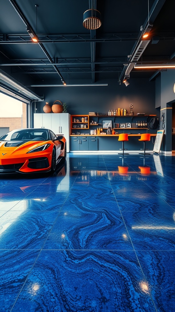 A modern garage featuring a dark blue epoxy floor, an orange sports car, and stylish decor.