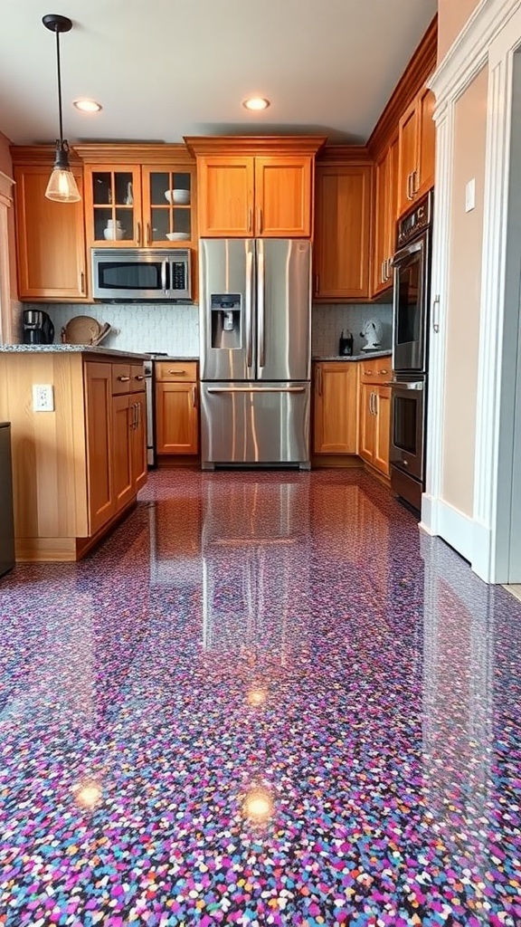 Before and after comparison of a concrete floor transformed with metallic epoxy into a vibrant design