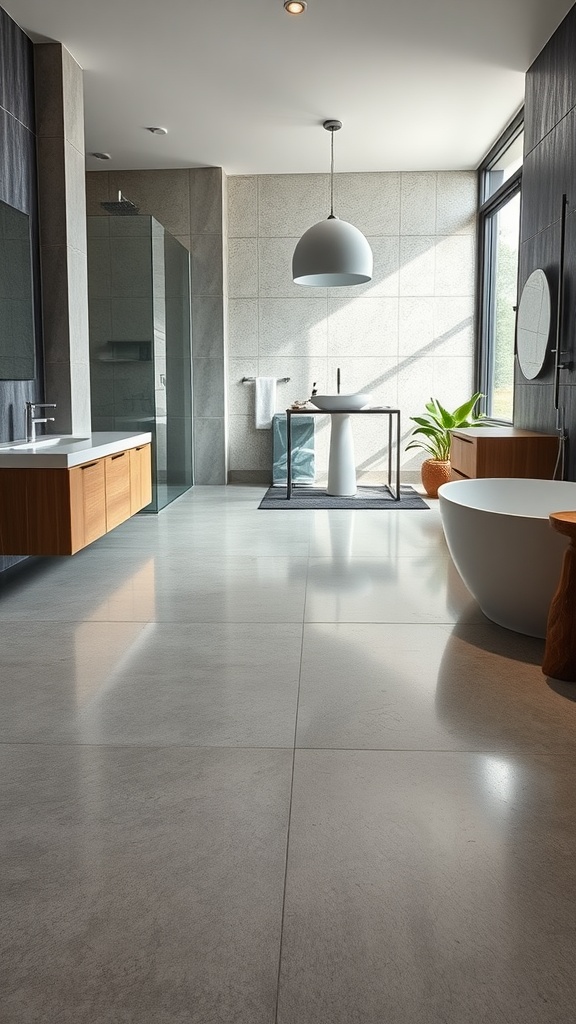 A modern bathroom with textured concrete tiles and a sleek design.